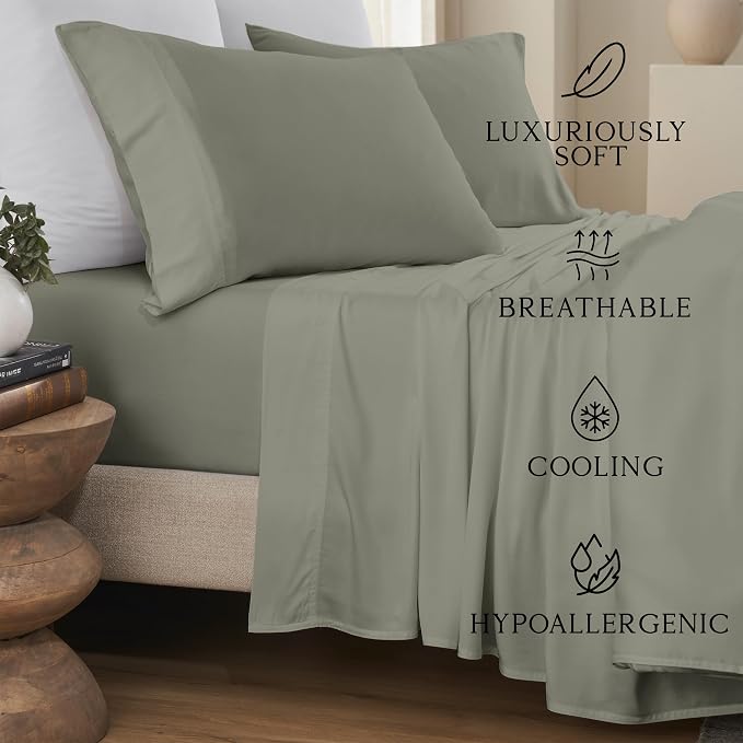 KARISSA MAE Pure Viscose from Bamboo Standard Size Pillowcase Set | 100% FSC Certified | Luxuriously Soft | Cooling | [Cypress Green]