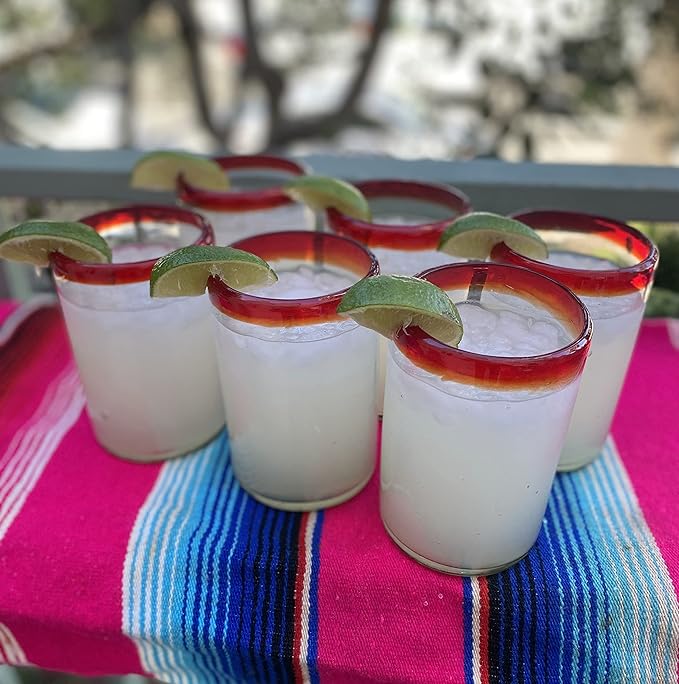 Dos Sueños Hand Blown Mexican Drinking Glasses - Set of 6 Glasses with Red Rims (14 oz each)