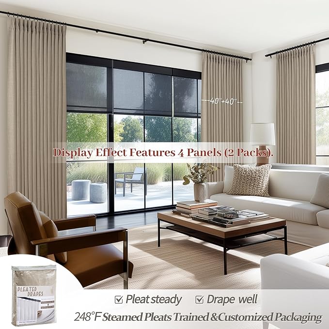 Flax Linen Greyish Beige Light Blocking Curtains 90 Inches Long 2 Panels Set for Dining Room, Neutral Memory Shape Pleated Blackout Heavy Duty Curtain with Hooks Ceiling Track Patio Door Drape 7-1/2FT