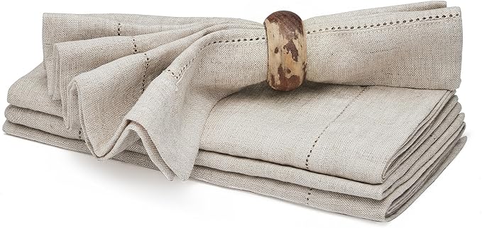KINGSTONE Linen Natural Cloth Napkins Set of 4 French Linen 210GSM Hemstitch, 18 x 18 Inch for Dining, Party, Wedding, Spring, Easter, Mothers Day