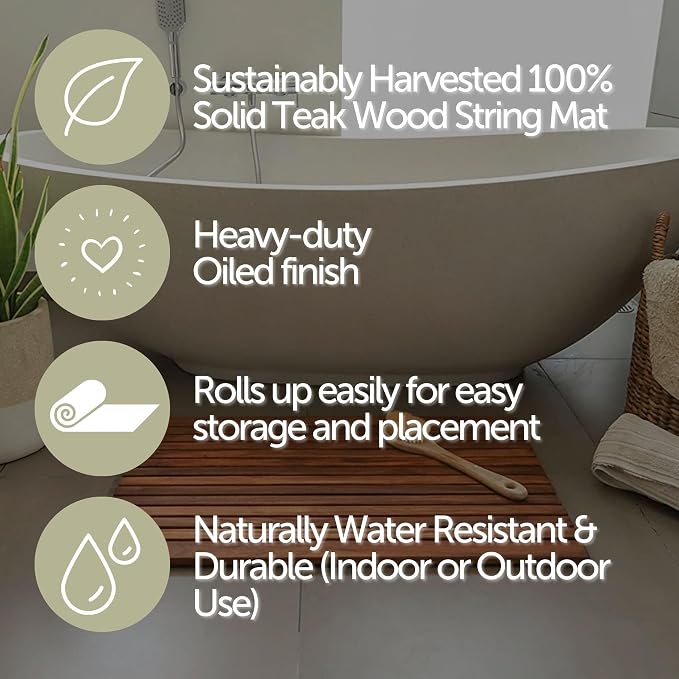 Nordic Teak 100% Solid Teak Wood String Mat - Indoor and Outdoor Use - Non-Slip Wooden Platform for Sauna, Pool, Hot Tub Flooring Decor and Protector (Oiled Finish, 31.4" x 19.6")