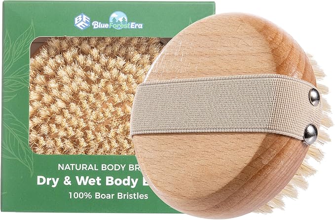Round Dry Brushing Body Brush with Natural Boar Bristles for Cellulite Remover, Helps Lymphatic Drainage, Improve Circulation Exfoliation for Soft Skin, Body Scrub Deep Cleanse
