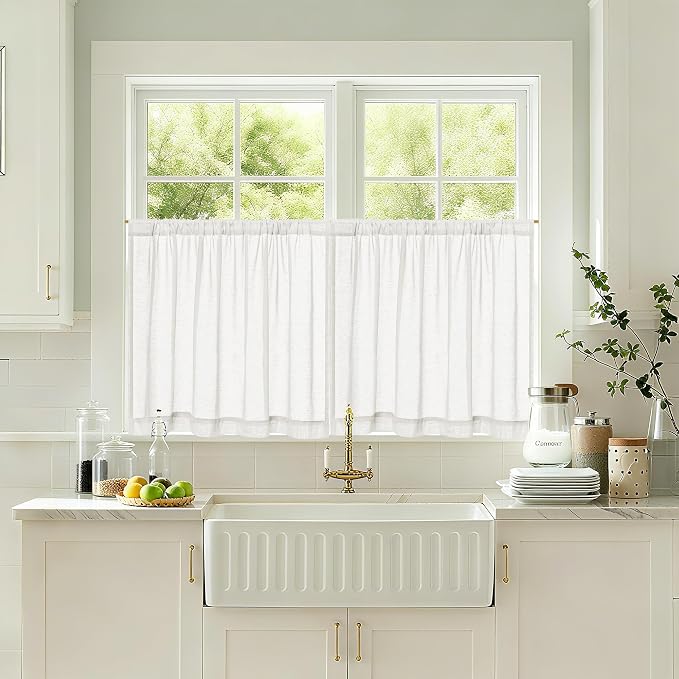 Off White Semi Sheer Linen Kitchen Curtains 24 Inch Length 2 Panels | Ivory, Boho Rustic, Light Filtering Curtains, for Bathroom Laundry RV Camper, 34x24 Inches Long, Rod Pocket Drapes