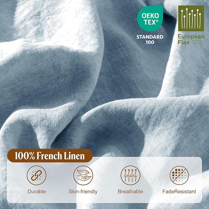 LBRO2M 100% France Linen Duvet Cover Set 3 Pcs Including 1 Flax Comforter Cover with Zipper Closure, 2 Pillowcase, Cozy Duvet Cover Full Size, Dusty Blue