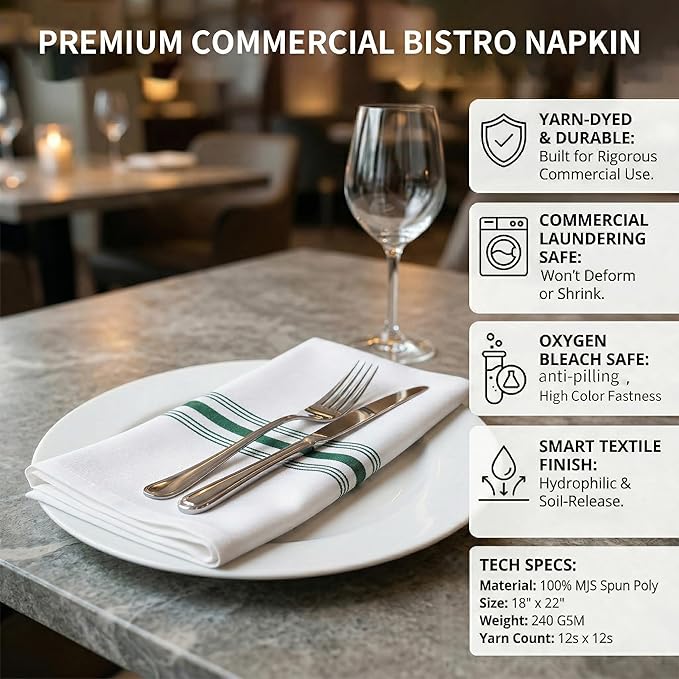 Bistro Restaurant Stripe Cloth Napkins Set of 12 Pack, Commercial Quality 18 x 22 Inches, MJS Linen Dinner Napkins Cloth Washable, Non-Iron, No Fade, Soil Release, Forest Green Stripes