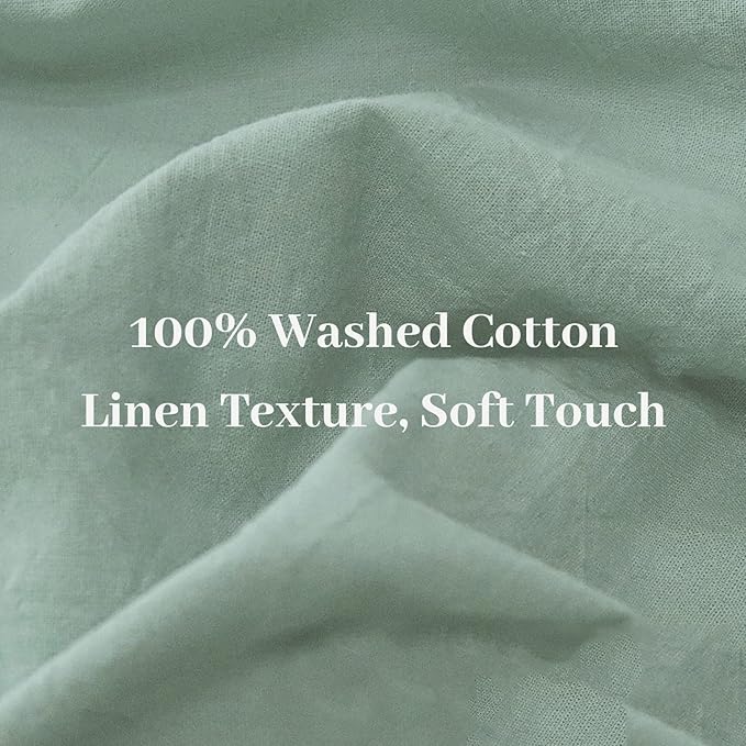 NEXHOME PRO Green Duvet Cover Set Oversized Queen 98"x98" Linen Feel Textured Organic Natural 100% Washed Cotton Duvet Cover 3 Pieces Bedding Set Zipper Closure, Breathable, Soft (No Comforter)