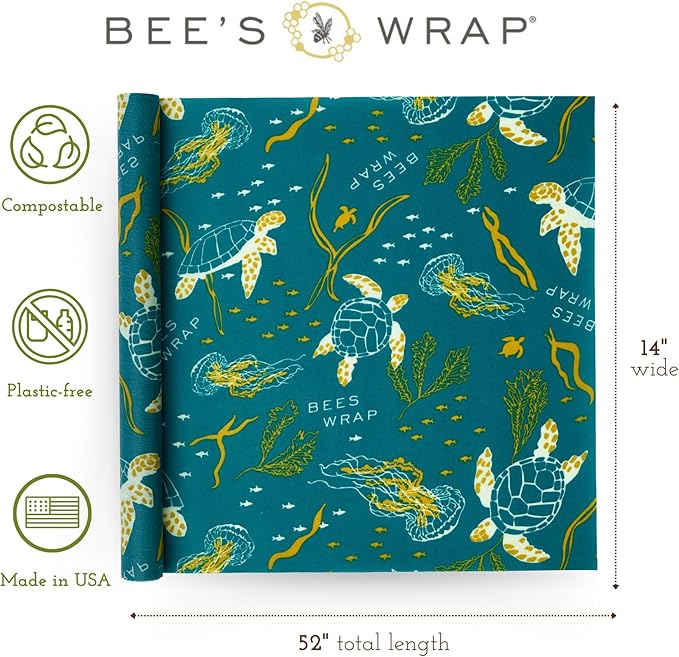 Bee's Wrap Beeswax Wraps for Food - Cut to Size 14x52" Beeswax Wrap Roll - Plastic Free Made in USA Reusable Natural Food Wrap - Ocean
