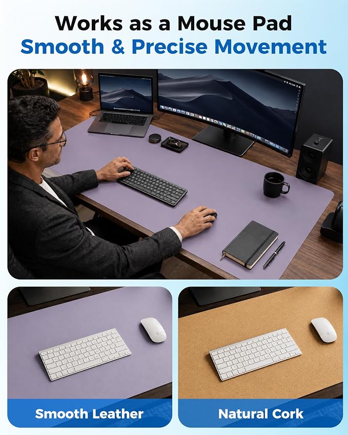 Aothia Dual-Sided Desk Mat, FSC Cork & PU Leather Desk Pad, Large Mouse Pad & Writing Surface for Daily Workspace Setup, Non-Slip Waterproof Desk Protector - 35.4" x 15.7", Light Purple