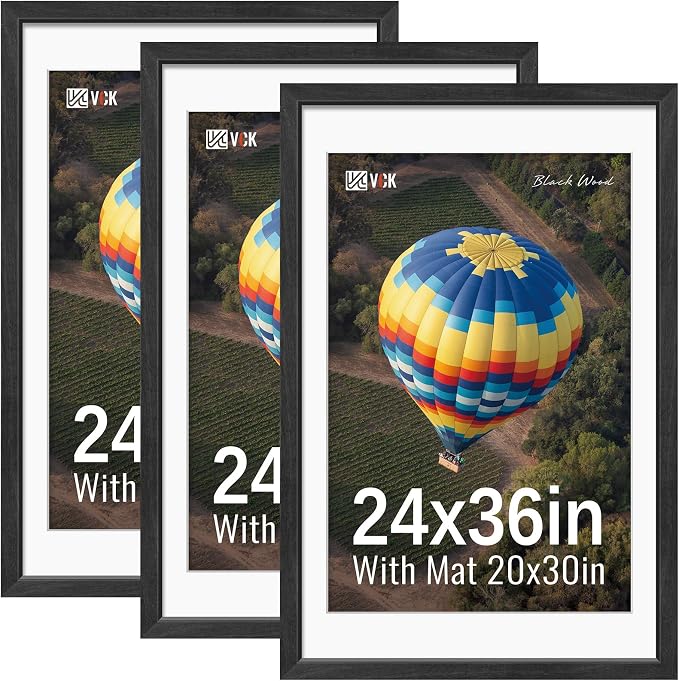 VCK 24x36 Picture Frames Black 3 Pack, Wide Border Solid Wood, Display 20x30 Poster with Mat or 24 x 36 without, for Home, Office, Gallery, Woodgrain Series, Wall Hanging