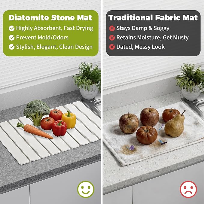 24’’ Larger Stone Dish Drying Mat [Super Absorbent, 30s Quick Drying] Stone Drying Mat for Kitchen Counter Collapsible Drying Matt Kitchen Counter Dish Drying Stone Mat Kitchen Sink Diatomaceous Earth