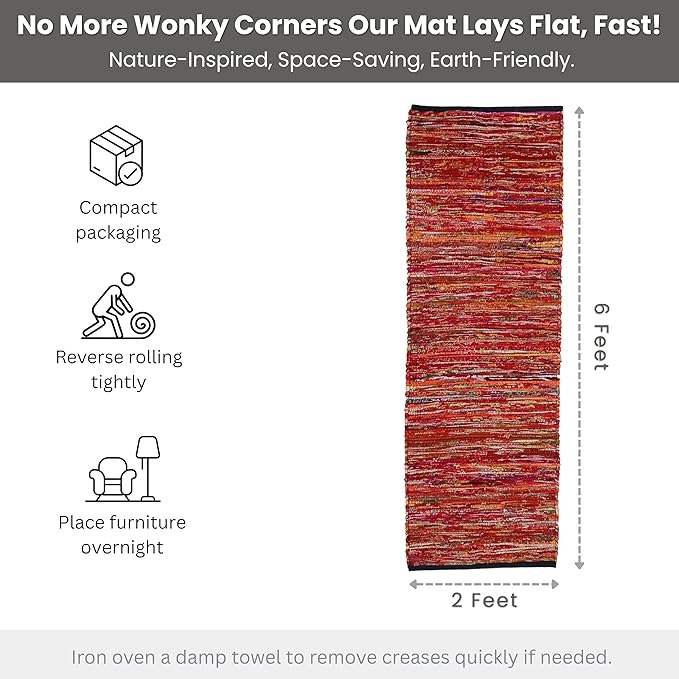 Cotton Hand Woven Area Runner Rug 2x6 Feet - Multi, Farmhouse Indoor Outdoor Decorative Floor Runners Ideal for Hallways, Kitchen, Bedroom | Red Reversible Recycled Patio Mat for Living Room