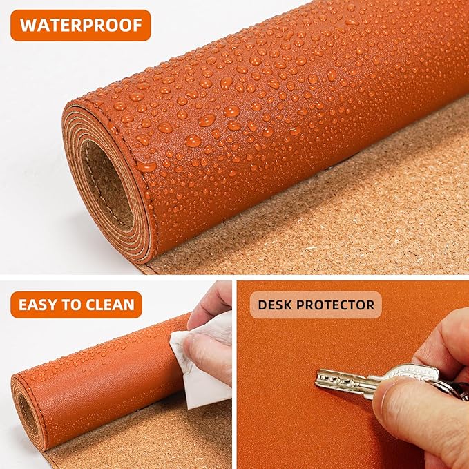 AFIING Cork Desk Mat 47" x 23.6", Dual-Sided Natural Cork & PU Leather Desk Pad, Non-Slip Waterproof Large Mouse Pad for Office, Home & Gaming (Orange)