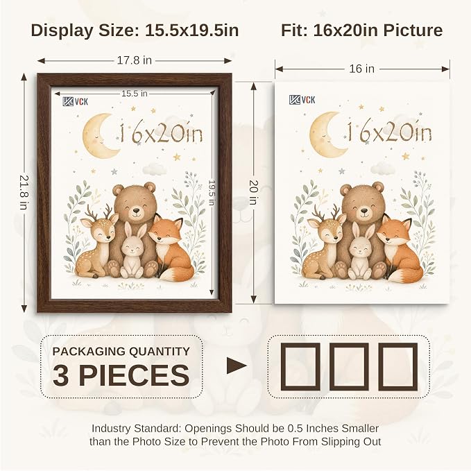 VCK 16x20 Poster Frames 3 Pack - Brown Solid Wood Picture Frame, Exclusive Wood Grain, Wall Hanging