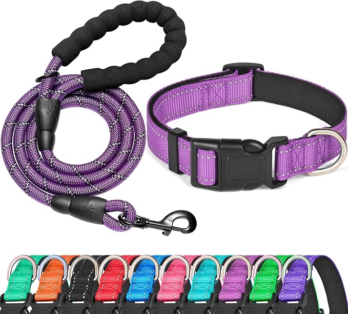 Ladoogo Reflective Dog Collar Padded with Soft Neoprene Breathable Adjustable Nylon Dog Collars for Small Medium Large Dogs (Small (Pack of 1), Purple Collar+Leash)