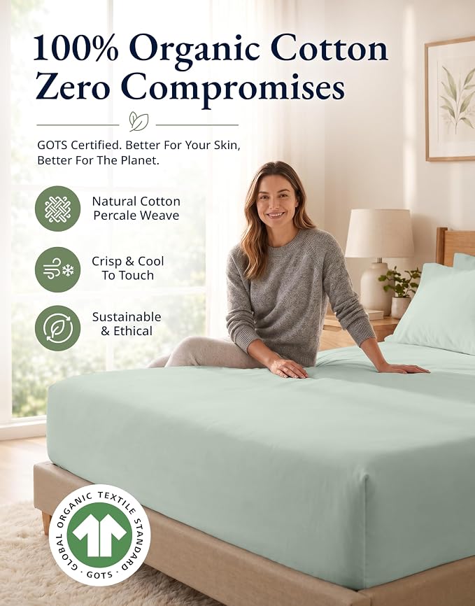 LANE LINEN Twin XL Size Fitted Sheet & Pillowcase (No Flat Sheet) - 100% Organic Cotton Soft & Breathable Percale Weave Fitted Sheet Set - 15'' Deep Pocket for Snug Fit - GOTS Certified - Cool Blue