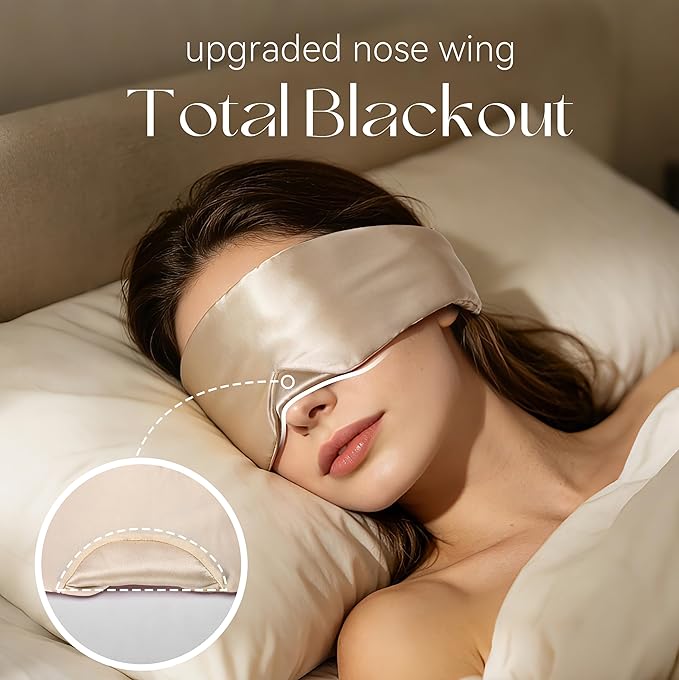 Silk Sleep Mask 22 Momme100% Mulberry Silk & 3.5cm Silk Hairband Set, Upgraded Light Blocking NosePad, Soft Wide Adjustable Strap, Comfortable Eye Mask for Men Women Home Travel (Khaki)