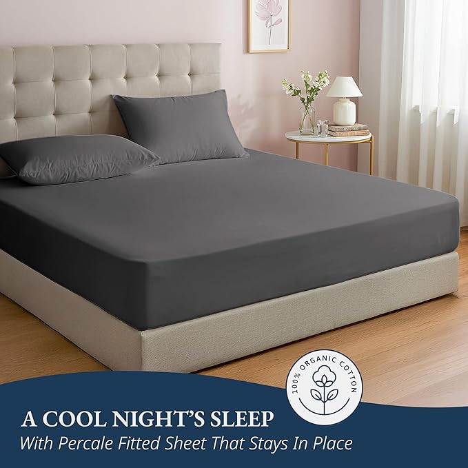 LANE LINEN 100% Organic Cotton Fitted Sheet Full Size (No Flat Sheet) - Soft & Breathable Percale Weave Fitted Sheet Set For Added Comfort - 15'' Deep Pocket For Snug Fit - GOTS Certified - Charcoal
