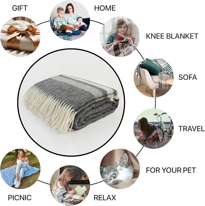 | Wool Blanket/Throw | 100% New Zealand Wool | Perfect for Home and Outdoors | Virgin Wool Blanket with Fringes 55"x79" (140 x 200 cm) (Moon Grey)