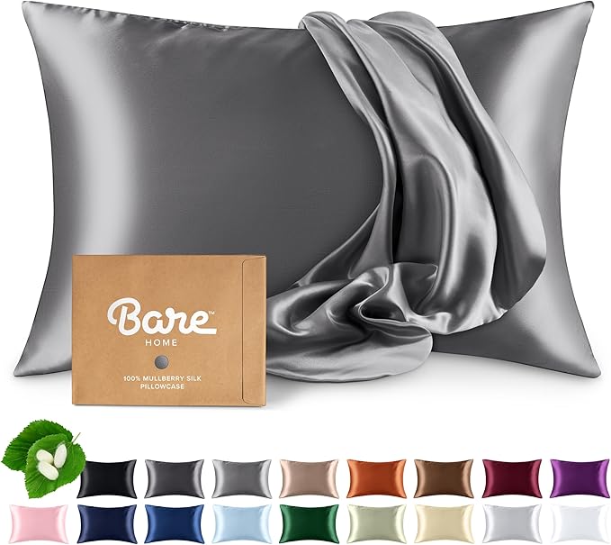 Bare Home 100% Mulberry Silk Pillowcase for Hair and Skin - Ultra Premium 6A Grade 19 Momme Silk Pillow Case - Envelope Enclosure - Breathable Cooling Pillow Cover (Standard, Grey)