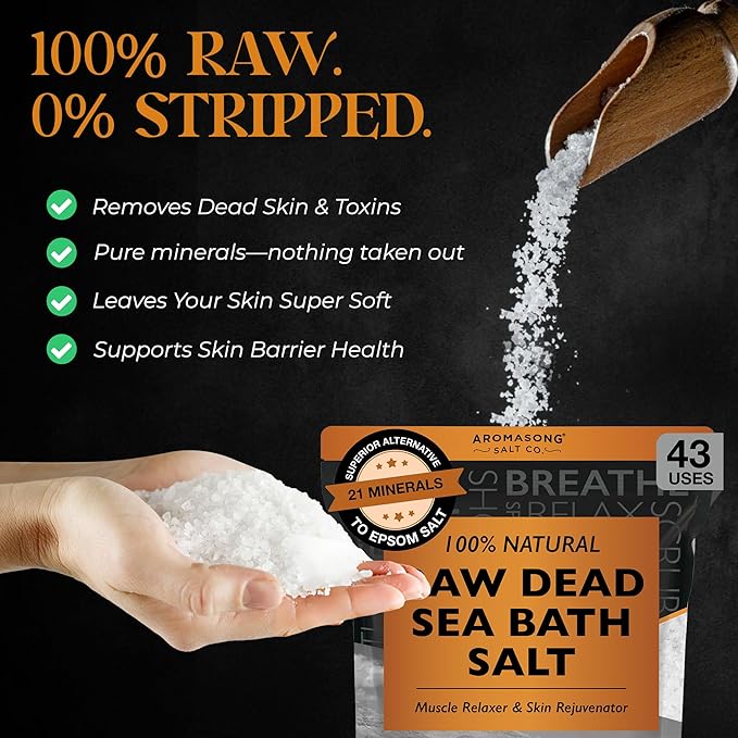 Aromasong Raw Dead Sea Bath Salt - Minimally Cleaned, Contains More Dead Sea Minerals Including Dead Sea Mud - 100% Pure & Natural Dead Sea Salts for Soaking 19 LB - Bulk Resealable Pack