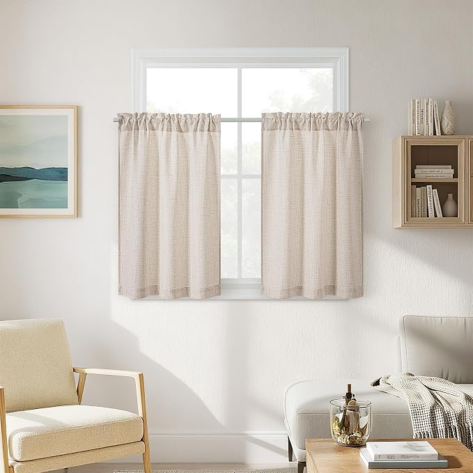 36 Inch Bathroom Window Curtain Privacy Semi Sheer Light Filtering Curtains Linen Light Coffee Tan Beige Non See Through Curtains for Bedroom Laundry RV Rod Pocket W34xL36