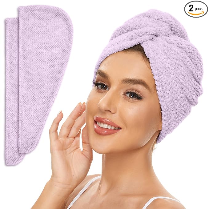 SimpleField 2 Pack Microfiber Hair Towel Wrap for Women, Anti Frizz Quick Drying Hair Turban for All Hair Style, Absorbent and Lightweight (Light Purple)