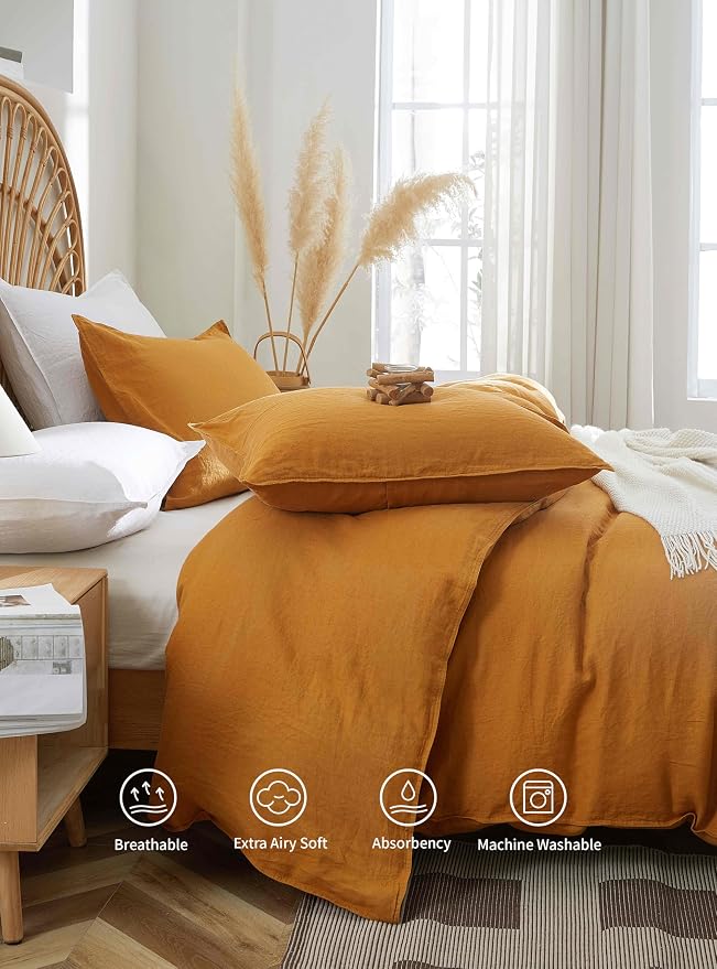 100% French Flax Linen Duvet Cover Set, King Size 104''x90'' 3 Pcs with 8 Corner Ties and Button Closure, Soft and Breathable for All Season(Rust, King)