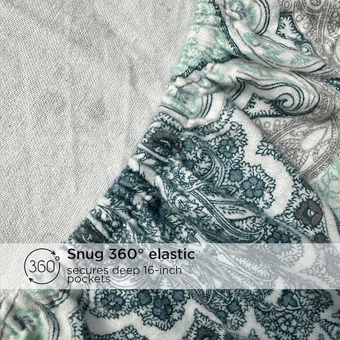 Briarwood Home® Printed Flannel Sheet Set, 100% Natural Cotton, Soft, Warm & Deep Pocket, Advanced Nano-Tech Making it Resistance to Pilling; Brushed 6 Times for Softness (Damask Navy, Twin)