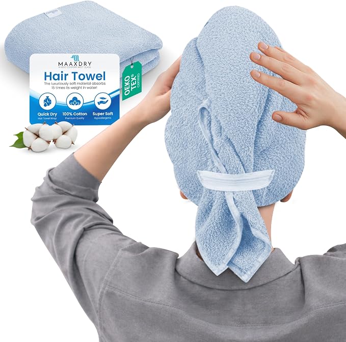 100% Cotton Hair Towel Wrap for Women, Men & Kids – Non-Microfiber 450 GSM Thick Super Absorbent Hair Towel 26x40 Inches, Secure Elastic Hair Wrap for Long & Curly Hair (Blue)