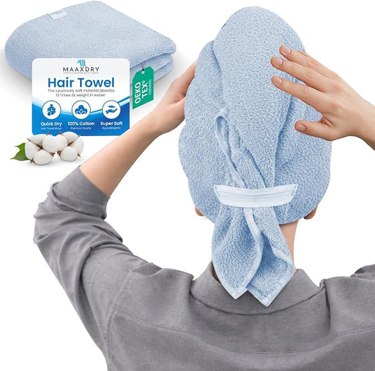 100% Cotton Hair Towel Wrap for Women, Men & Kids – Non-Microfiber 450 GSM Thick Super Absorbent Hair Towel 26x40 Inches, Secure Elastic Hair Wrap for Long & Curly Hair (Blue)