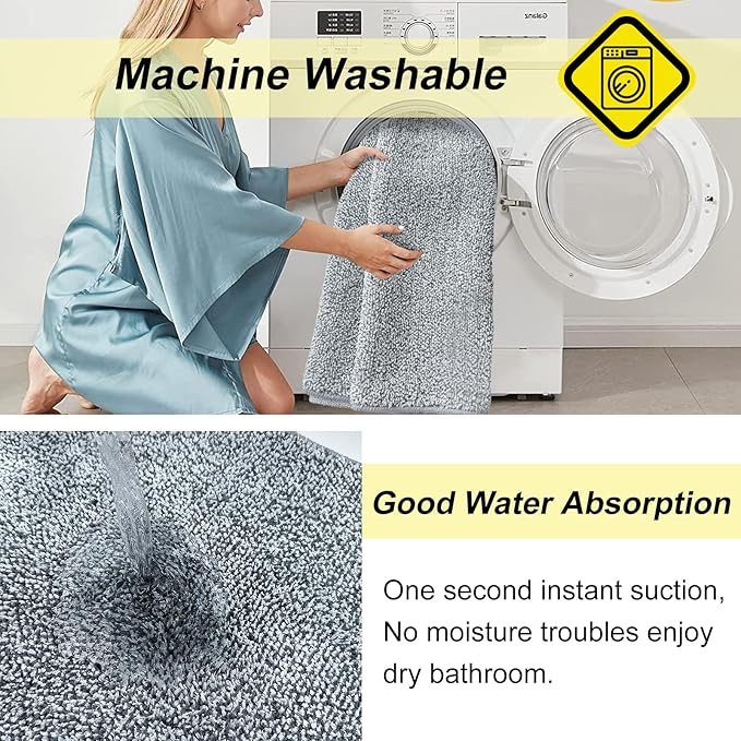 HDFK Bath Mat Non Slip 30x20 Inches Plush 2 Tone Chenille Medium Pile TPR Backing | Highly Absorbent Quick Dry Solid Light Gray | Shower Tub Floor Bathroom Rugs for Decor Modern Home