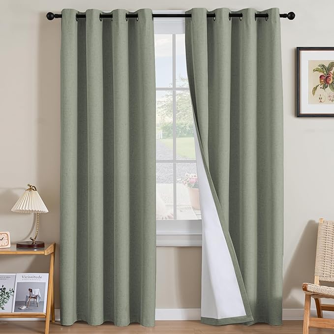 H.VERSAILTEX Linen Curtains 100% Blackout Curtains for Bedroom 120 inch Long Full Light Blocking Nature Linen Blended Window Curtains for Living Room Nickel Grommet (2 Panels, Heathered Dried Sage)