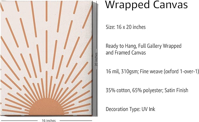 Minimalist Sunburst Wrapped Canvas Wall Art Abstract Geometric Arch Earth Tones Terracotta Mid Century Modern 16x20 Inch Gallery Stretched Modern Home Art Decor