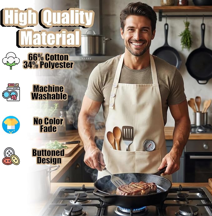 TOSHE Kitchen Apron Waterdrop Resistant Cotton Apron with adjustable Aprons for Women with Pockets 10 Color option Cooking Cream Apron (Cream)