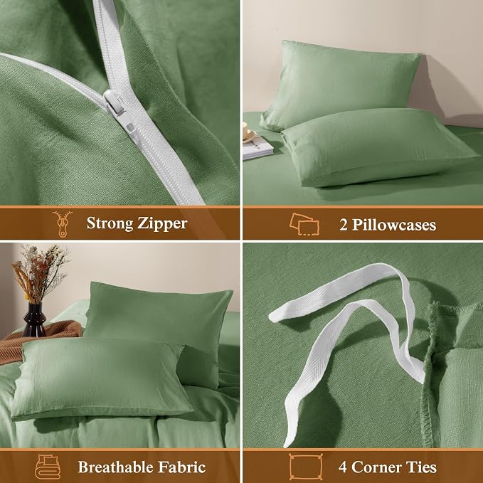 LBRO2M 100% France Linen Duvet Cover Set 3 Pcs Including 1 Flax Comforter Cover with Zipper Closure, 2 Pillowcase, Cozy Duvet Cover Full Size, Green