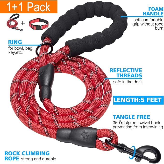 Ladoogo Reflective Dog Collar Padded with Soft Neoprene Breathable Adjustable Nylon Dog Collars for Small Medium Large Dogs (X-Small (Pack of 1), Red Collar+Leash)