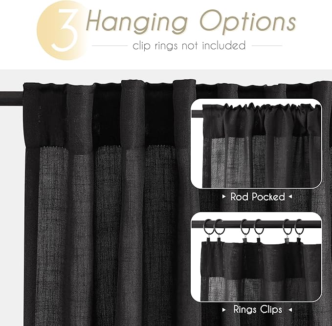 Black Linen Curtains 90 Inches Long for Bedroom Back Tab Light Filtering Privacy Semi Sheer Curtains Living Room Boho Rustic Farmhouse Cotton Textured Gauze Curtain 2 Panel Set 52x90