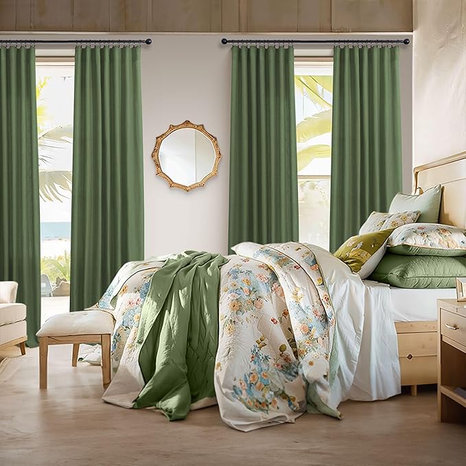 Christmas Olive Green Curtains 108 Inches Long for Living Room 2 Panels Set Back Tab Pocket Avocado Green Boho Drape Neutral Aesthetic Cottagecore Decor Linen Sheer Light Curtain for Kids Bedroom 9 FT