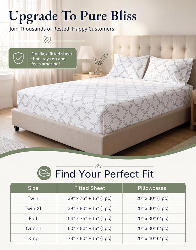 LANE LINEN Twin XL Fitted Sheet, 100% Organic Cotton 2-Piece Set (1 Fitted Sheet,1 Pillowcase),Percale Weave,Bottom Sheet, Soft, Breathable,Fits Mattress Upto 15" Deep - Trellis Silver(No Flat Sheet)