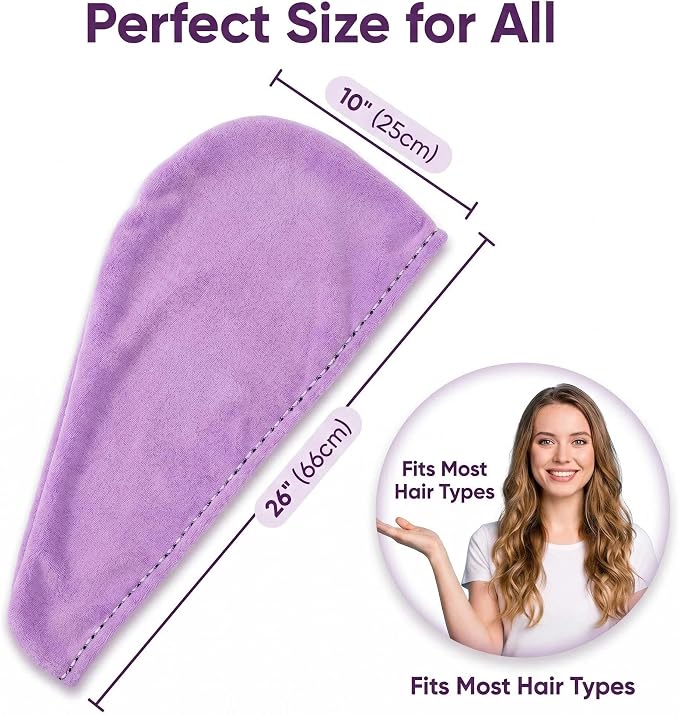 Microfiber Hair Towel 4 Pack, Hair Towel Wrap Quick Dry Hair Hat Anti-frizz Head Turban with Button, Wet Curly Hair Towels for Women (Blue & Pink & Purple & Red)