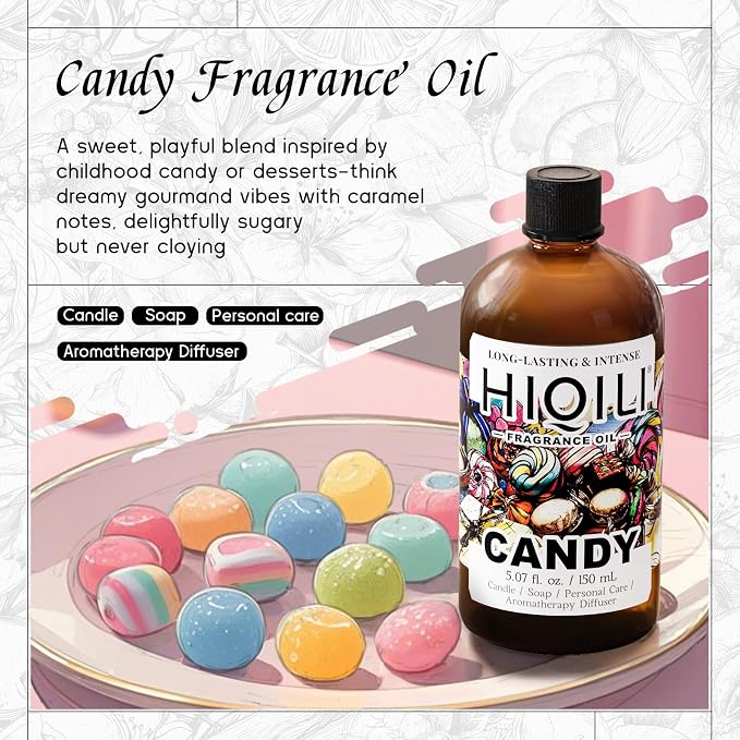 HIQILI Candy Fragrance Oil for Diffusers for Home - 5.07 Fl Oz | Long-Lasting Sweet Scent, Perfect for Soap & Candle Making, Pet Safe, Graduated Dropper Included