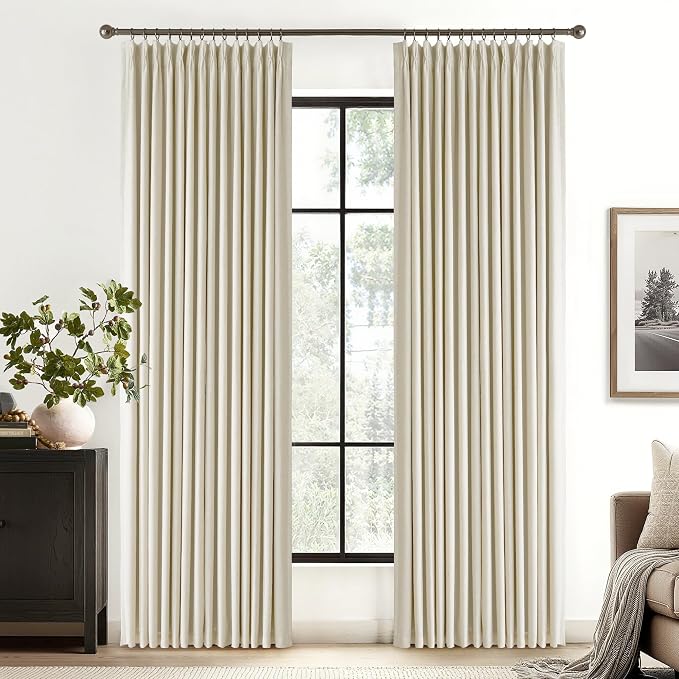 RYB HOME Linen Blackout Curtains 96 inches Long, 100% Blackout Noise Reducing Thermal Insulated Natural Textured Curtains for Farmhouse Dining Room, Beige, 40" W x L96 L, 2 Panels Set