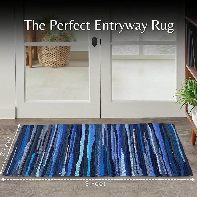 Cotton Hand Woven Chindi Rug 2x3 Feet - Navy, Durable Rectangular Small Doorway Space Rag Rugs Ideal for Entryway, Kitchen, Bedroom, Balcony | Blue Accent Reversible Floor Throw Carpet for Office