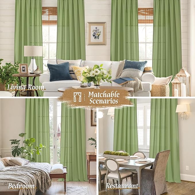 LAMIT Linen Blended Curtains 84 inch for Living Room, Linen Textured Light Filtering Drapes Rod Pocket Boho Panels for Farmhouse/Living Room, 2 Panels, 52 x 84 Inch, Green