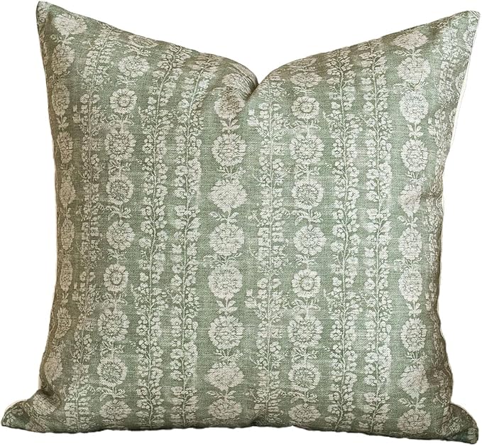 Amor Virisso Vintage Floral Throw Pillow Covers 18x18 Striped Farmhouse Block Print Pillow Cover Boho Neutral Decorative Pillows for Living Room Bed, Sage Green