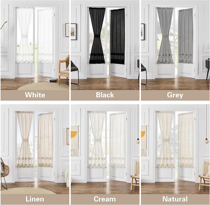 White Linen Textured Door Curtains 68 Inch Long 2 Panels Non-See-Through Sidelight Curtain for Doorways Light Filtering Semi Sheer Front Door Window Curtains with Dual Rod Pocket and Tieback 25W X 68L