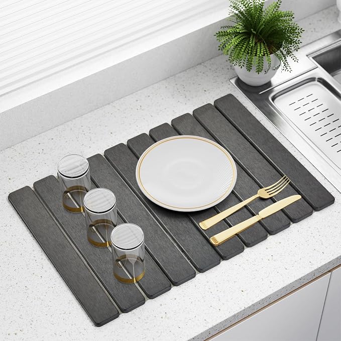 24’’ Larger Stone Drying Mat for Kitchen Counter[Super Absorbent, 30s Quick Drying] Stone Dish Drying Mat Collapsible Drying Matt Kitchen Counter Dish Drying Stone Mat Kitchen Sink Diatomaceous Earth