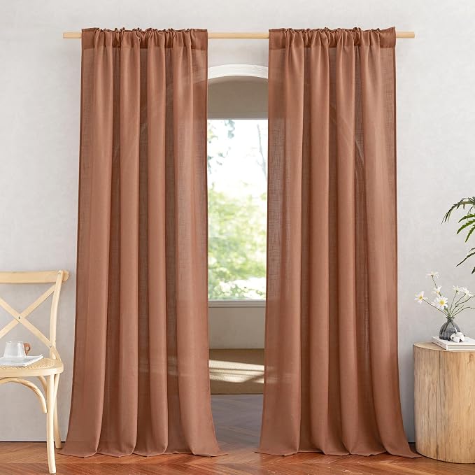 NICETOWN Linen Caramel Curtains & Drapes Privacy with Light Filtering, Rod Pocket & Back Tab Flax Linen Burlap Window Treatments Vertical Drapes for Bedroom/Living Room, W52 x L84, 2 Panels