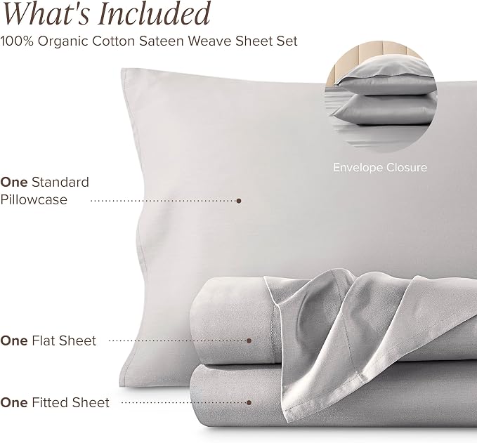 Bare Home 100% Organic Cotton Twin Extra Long Sheet Set - 400 Thread Count - Smooth Sateen Weave - Breathable & Cooling - Hotel Luxury Set - Deep Pocket Bed Sheets (Twin XL, Light Grey)