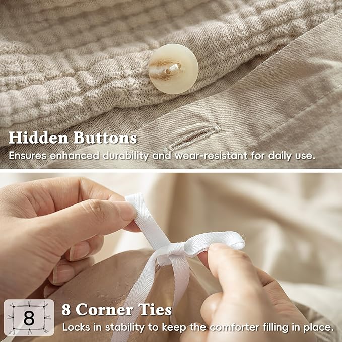 David's Home 100% Cotton Muslin Duvet Cover Set King Size,3 Pcs Ultra Soft Breathable & Lightweight Gauze Bedding Set with 2 Pillowcases,Textured Home Decor with Button, 104"×90" Natural,No Insert